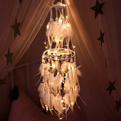 YICKYUE - Big LED Star Light Dream Catcher with White Rooster Feathers Pearls Dreamcatcher Wall Hanging Home Party Wedding Decoration Gift