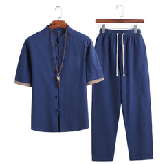 HEARUJOY - Mens Linen Sets Summer Men Streetwear Jogger Shirts+Long Pants Male Chinese Style 2 Pieces Hanfu Tracksuit Tang Suit 5Xl