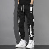 Hearujoy Tactical Ribbons Cargo Trousers Men Hip Hop Streetwear Elastic Waist Patchwork Pants Joggers Multi-pocket Black White WB510