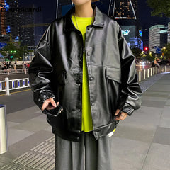 HEARUJOY - Spring Oversized Black Soft Waterproof Pu Leather Jacket Men Long Sleeve Casual Loose Korean Fashion Streetwear