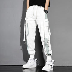 Hearujoy Tactical Ribbons Cargo Trousers Men Hip Hop Streetwear Elastic Waist Patchwork Pants Joggers Multi-pocket Black White WB510