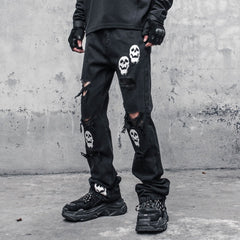 Hearujoy Skinny Jeans Pants Black Men Streetwear Destroyed Ripped Skull Printed Jeans Hip Hop Denim Pant Hole WB321