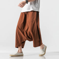 HEARUJOY - Summer Men Plus Size Casual Harem Pants Vintage Loose Cotton Linen Wide Leg Pants Men Elastic Waist Pantalones Trousers