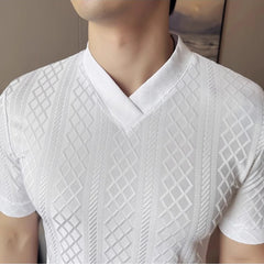 HEARUJOY - Men's Slim V-Neck Spring Summer Stretch Knit Top Geometric Texture, Breathable Layering Base for Casual & Smart-Casual Outfits