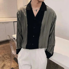 Hearujoy Mens Patchwork Contrasting Pleated Long-Sleeved Shirt 2024 New Genderless British Elegant Fashion Retro Loose Shirt Unisex