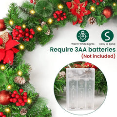 YICKYUE - 2.7M Christmas Garland Decorations with Lights, Christmas Wreath for Home Party Front Door Fireplaces Stairs LED Rattan Garland