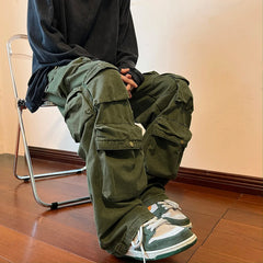 Hearujoy Cargo Pants Multi-pockets Tooling Pant Harajuku Men's Vintage Loose Wide Leg Pants Streetwear Casual Hip-hop Mopping Trousers