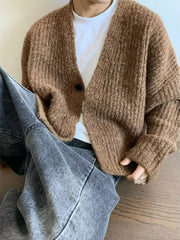 YICKYUE - Vintage American Style Men Loose Sweater Outwear Autumn Winter Heavy Duty V-neck One button Coarse Knitted Cardigan Coat