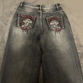Hearujoy Y2K Gothic Skull Embroidered Baggy Jeans for Men Harajuku Women High Waist Wide Leg Straight Pants Punk Grunge Trendy Streetwear
