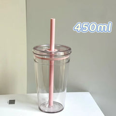 YICKYUE - New 450ml Drinkware Straw Cup Reusable Transparent Coffee Cup Plastic Single Layer Car Tumbler Home Office Water Cup LIJIAO
