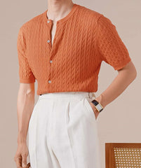 HEARUJOY - Summer Tencel Cotton Jacquard Knit Cardigan Men's Short Sleeve Thin Round Neck Draped Casual Business T-Shirt Breathable Polo