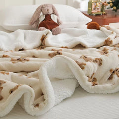 YICKYUE - Cartoon Bear Flannel Blanket Ball Decoration Double-Layer Thickened Fleece Warm Children Single Double Bed Blanket Sofa Throw