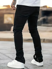 HEARUJOY - Men's Slim Fit Black Jeans - Street Style, Cotton Blend, Mid-Stretch Fabric, Ripped Detail, All-Season Wear