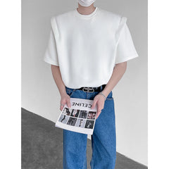 HEARUJOY - Summer Shoulder Pad T Shirt Men Fashion Black White Short Sleeved T-shirt Men Streetwear Korean Loose Casual T Shirt Mens Top