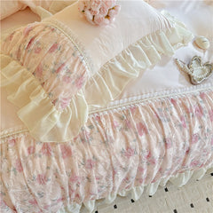 YICKYUE - 3/4Pcs Princess Style Pink Floral Print Lace Ruffle Boiled Cotton Bed Set Queen Size Double Bed Linen Full-Size For Room