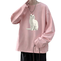 HEARUJOY - Men's Plain T-shirts Cotton Full Sleeves Fashion White Mens Oversized T Shirt Casual Wear Cat Walking Print Tee Shirts for Men