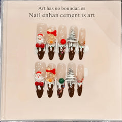 YICKYUE - 10pcs Christmas Themed Nail Art Handmade 3D Chocolate Cake False Nails Press On Nails Festive Snowman Santa Decor Holiday Party