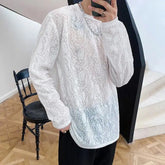 Hearujoy Mens Lace See-Through Jacquard Long-Sleeved Top 2024 New Fashion Sexy Nightclub Youth Personality Versatile Thin T-Shirt For Men