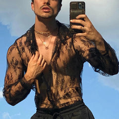 HEARUJOY - Mens esh Tops See Through Long Sleeve Floral Clubwear Party Tee Blouse Polyester Black Fit M~2XL Casual Button Down Shirts