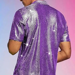 HEARUJOY - Male Tops Men Shirt Fashionable Regular Turn-down Collar Disco Stage Shirt Shiny Party Performance Short Sleeve
