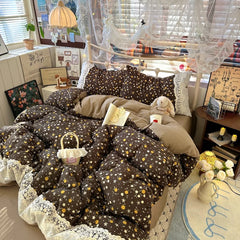 YICKYUE - Retro Floral Bedding Set Flower Lace Duvet Cover Sheet Pillowcase Washed Cotton Bedding for Women Home Linens Drop Shipping