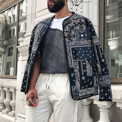 Hearujoy Mens Coat Long-Sleeved Zipper Thickened Warm Bomber Baseball Uniform Cashew Flower Print Casual Cotton Jacket Men'S Clothing