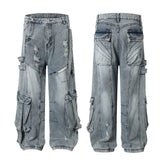 Hearujoy Distressed Hole Washed Blue Baggy Jeans for Men and Women Streetwear Vintage Loose Denim Trousers Oversized Ripped Cargo Pants