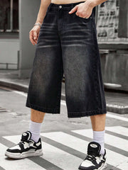 HEARUJOY - Men Streetwear Baggy Jorts Low Waist Cropped Black Jeans Distressed Y2k Casual Wide Pants Denim Shorts Male Trousers
