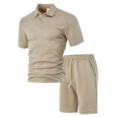 HEARUJOY - Men's Summer New Jacquard Casual Sport Thin Lapel POLO Shirt Short-sleeved and Short-shorts Set