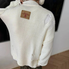 Hearujoy Mens Autumn Winter Y2k Lazy Style Hollow Ribbed Cardigan Sweater Essential Genderless Trendy Solid Color Zipper Couple Sweater