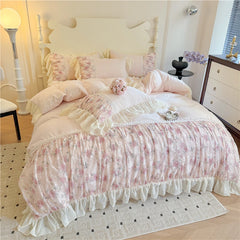 YICKYUE - 3/4Pcs Princess Style Pink Floral Print Lace Ruffle Boiled Cotton Bed Set Queen Size Double Bed Linen Full-Size For Room