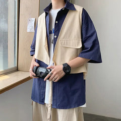 HEARUJOY - Man Shirt Half Sleeve with Pocket Shirts for Men Blue Casual Korean Style Vintage Silk Fashion 2025 Cotton Slim Fit Elegant Sale