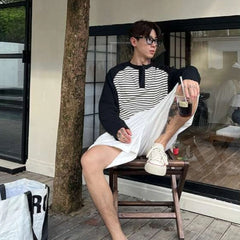 HEARUJOY - Autumn Winter Men's Plus Size 300 Jin 150kg Loose Fit Long Sleeve T Shirt Color Blocking Raglan Striped Layering Top