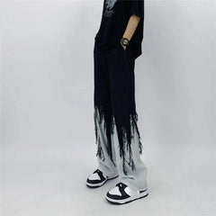 Hearujoy Men Jeans High Street Hip Hop Contrast Color Tassel Loose Fashion Japanese Streetwear Hippie Loose Casual Darkwear Patchwork