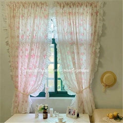YICKYUE - French Idyllic Double-layer Ruffle Side Lace Flowers Curtains Living Room Polyester Cotton Pink Curtain Cloth Kitchen #A369