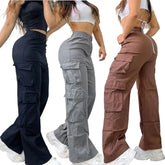 HEARUJOY - High Waisted Cargo Pants for Women Wide Leg Multi-Pocket Work Trousers Casual Loose Fit Straight Leg Elastic Waist Streetwear
