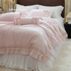 YICKYUE - Romantic Ruffle Bedding Set, Lace Trim & Bow Detail Pink 4-Pc Cotton Sheet Set, Bedding for Girls Room,Princess Duvet Cover