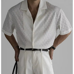 HEARUJOY - Summer Black Short Sleeved Shirt Men Oversized Beige Casual Shirt Streetwear Men Korean Loose Hollow Shirt Mens Hawaiian Shirts