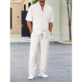 HEARUJOY - Summer Men Casual Two Piece Sets Blouse and Solid Basic Pants Suit Male Beach Tracksuits Solid Loose Suits For Male Outfits