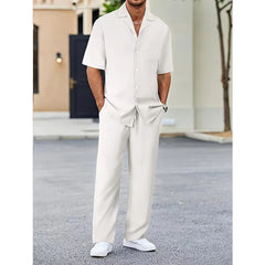 HEARUJOY - Summer Men Casual Two Piece Sets Blouse and Solid Basic Pants Suit Male Beach Tracksuits Solid Loose Suits For Male Outfits