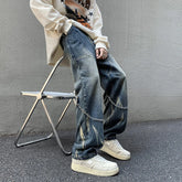 Hearujoy High Street Tie-dye Jeans Chain Decor Straight Denim Pants Men Baggy Fashion Jean Pants Mens Loose Casual Couple Clothing