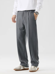 HEARUJOY - New Korean Men's Casual Pants Banded Waist Stretch Semi-Wide Pleated Suit Slacks Straight Loose Draped Trousers
