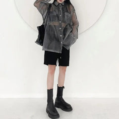 Hearujoy Mens Casual Mesh Tops Genderless 2024 Spring Autumn New Fashion Personality Loose Versatile Streetwear Retro Shirts Unisex