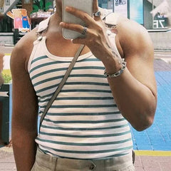 HEARUJOY - Summer New Striped Men's Vest Elastic Slim Fit T-shirt Fashion Clothing Metal Button Sleeveless Tees Muscle Sexy Man Tank Tops