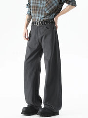 HEARUJOY - Korean Style Men’s Casual Pants for Spring Summer 100% Cotton Elastic Waist Solid Color Wide Leg Slacks Loose Straight Trousers