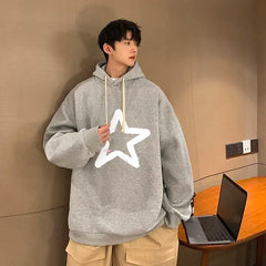 HEARUJOY - Men's Oversized Hoodie Off White 5XL Hoodies with Hat Over size for Men Star Print Man Casual Wear Hoody Male Sweatshirt