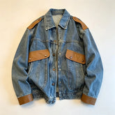 YICKYUE - American Retro Denim Jacket Men High Street Patchwork Long Sleeved Loose Denim Cowboy Coat Autumn Winter Fashion Top Streetwear