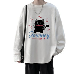 HEARUJOY - Men's Plain T-shirts Cotton Full Sleeves 5XL Fashion White Mens Oversized T Shirt Casual Wear Funny Cat Print Tee Shirts for Men