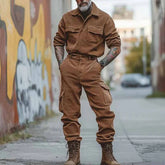 HEARUJOY - Mens Solid Color Ah Mei Khaki Workwear Clothing Autumn And Winter Fashion Trend Leisure Suit Long-Sleeved Jumpsuit Trousers Men