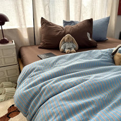 YICKYUE - 3/4pcs Bedding Set Ins Ambiance Blue Stripe Yellow Mixed Washed Cotton Minimalist Duvet Cover Sheets Pillowcase All Season Use
